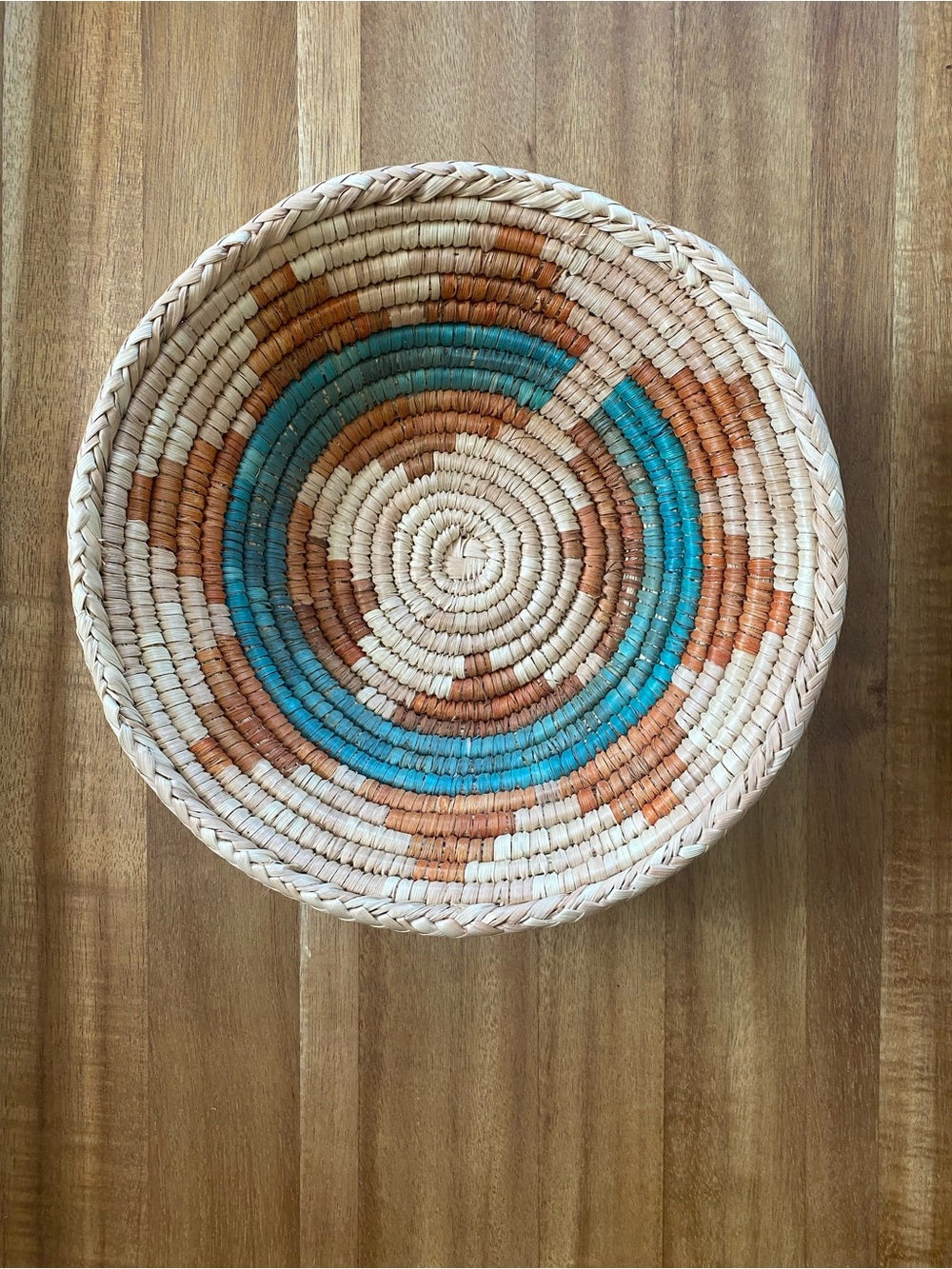 8” Handwoven Decorative Basket in Turquoise and Tan - Home Accents